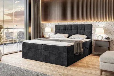 Produktbild von MEBLINI Boxspringbett mit Bettkasten - Gepolstert Doppelbett mit Matratze und Topper - Polsterbett mit Stauraum - Bett mit Kopfteil - Stauraumbett - DRAGO - 120x200 - H4/Schwarz Samt