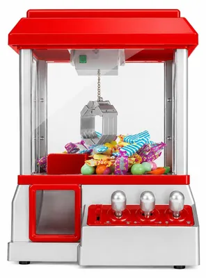 Produktbild von Candy Grabber Greifautomat aus Kunststoff, Candy Grabber Mini-Kranautomat rot/silber, mit Münzeinwurf, 3 Joysticks, Greifklaue, Sound, Lautstärkeregler, Spielmünzen, ab 3 Jahren
