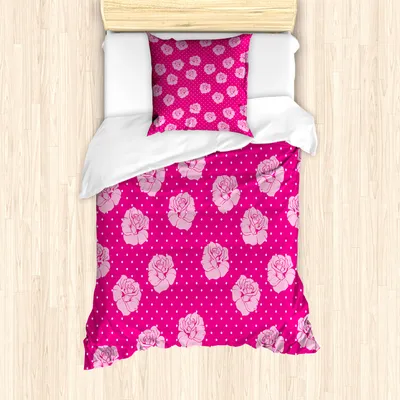 Produktbild von ABAKUHAUS Hot Pink Mantele, Vintage Rosen-Liebe-Punkt, Milbensicher Allergiker geeignet mit Kissenbezügen, 135 cm x 200 cm - 80 x 80 cm, Pink Blassrosa Weiß