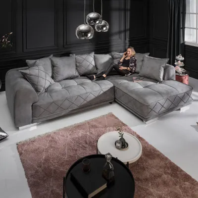Produktbild von riess-ambiente Modernes XXL Ecksofa DECADENCIA 320cm silbergrau Samt inklusive Kissen Eckcouch Couch Sofa