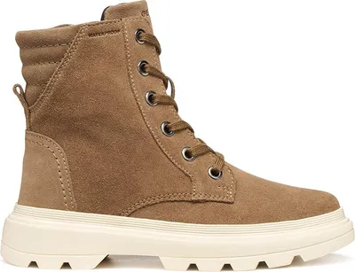 A side view of a brown suede lace-up boot with a white sole.