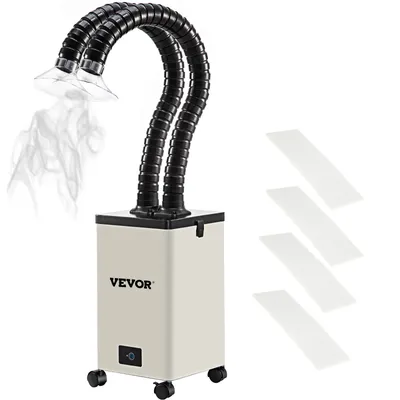 A VEVOR fume extractor with two flexible hoses and nozzles, shown with smoke being drawn in. Several white filter-like rectangles are placed to the right of the main unit.