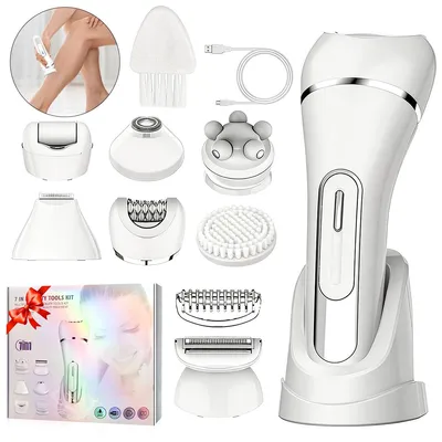 Produktbild von Damen 7-in-1 Haarentferner,kombiniert Rasur,Bikinizone,Gesichtshaarentfernung,Reinigungsbürste,Gesichtsmassage&Körper-Peeling,wasserdicht,schmerzfrei