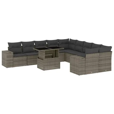 Produktbild von Modulares Garten-Sofa-Set 11-tlg., verstellbarer Tisch, Poly Rattan Grau, UV-beständig, mit abnehmbaren Kissenbezügen aus Polyester