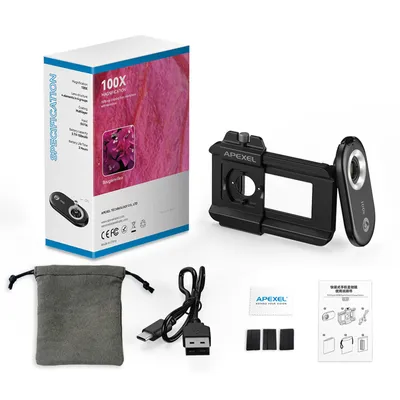 Produktbild von APEXEL APL-MS100 100X Handy-Mikroskopobjektiv mit LED-/UV-Lichtern, eingebautem CPL-Filter, Akku, Mikroskopaufsatz, Telefon-Mikroobjektiv mit universellem Telefonclip, Ersatz fuer iPhone 15/14/13/12, Android-Telefon