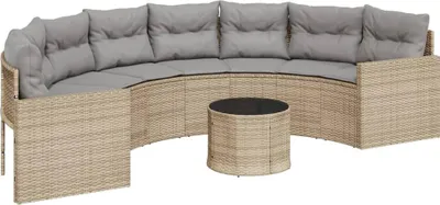 Immagine prodotto di vidaXL Divano da giardino con tavolo e cuscini semicircolare in polirattan beige