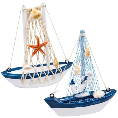 2er Set Holz-Segelboote, maritim, 11 x 12,8 cm, blau-weiß