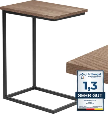 A side table with a wooden top and black metal frame, shown against a white background. A close-up of the table's corner and a certification badge are also visible.