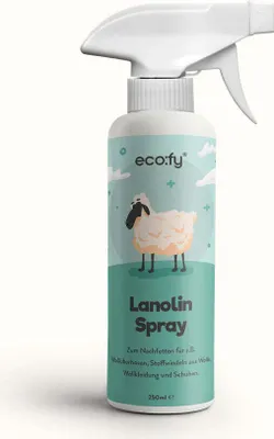 Produktbild von eco:fy Lanolin-Spray, flüssiges Wollfett als Spray zum Nachfetten von Wollkleidung, Wollhosen und Wollschuhen, pestizidfrei und von -Schafen, schnelle Wollpflege