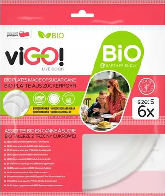 Produktbild von Biologisch abbaubare Zuckerrohrteller Größe S 6 Stück VIGO!