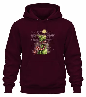 Obrázok produktu pre Možno je láska ako Vianoce – mikina s kapucňou Grinch, vianočná zelená hviezda, uni, farba: bordová, veľkosť: M