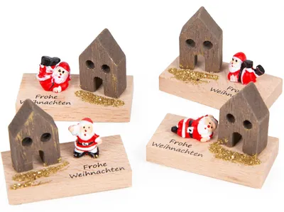 Produktbild von 4 Mini Geschenke "Frohe Weihnachten" Nikolausfigur mit Haus 5 x 2,5 cm