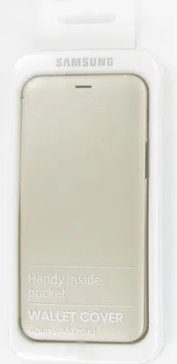 A Samsung wallet cover for a Galaxy A6 2018 phone, displayed in its retail packaging.