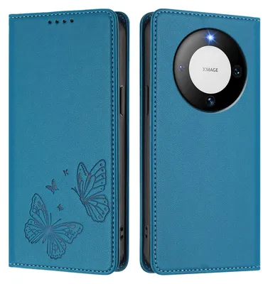 Obrázek produktu pro Kožené pouzdro pro Huawei Mate 60 Pro/Mate 60 Pro+, motýlí ražbou, peněženkové flip pouzdro se stojánkem Modrá