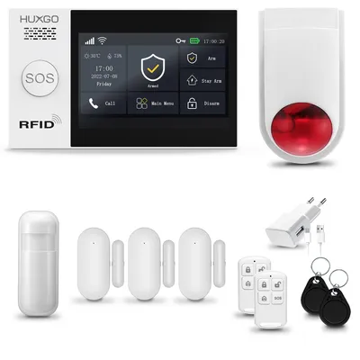 Produktbild von HUXGO HXA007 Alarmanlage Haus WiFi + GSM 2G mit Funk Sirene, Alarm System mit 1x Bewegungssensor und 3x Tür- Fenstersensor, Alarmanlage für Wohnung, Haus, Garage, Tuya Smartlife App