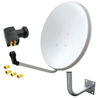 A satellite dish kit with accessories, laid out against a white background.