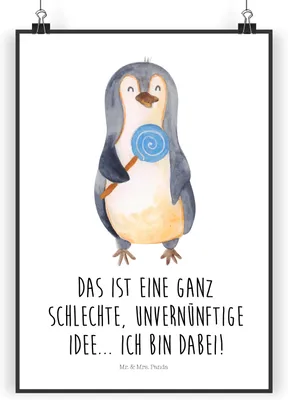 Produktbild von Mr. & Mrs. Panda Bild Pinguin Lolli DIN A4 - Weiß - Geschenk, Pinguine, wanddeko, Spruch, Kunstdruck, drucke, Unvernünftig, Süßigkeiten, Wandbild, Plakat