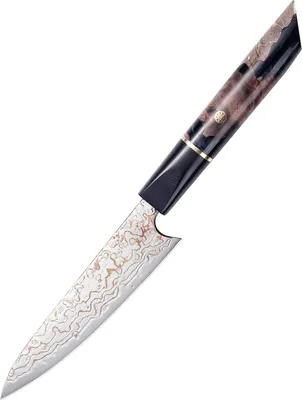 Image de PAUDIN TI3 Couteau d’Office Professionnel 13 cm – Couteau de Cuisine – Véritable Acier Damas avec Cuivre – Manche Élégant en Bois et Époxy
