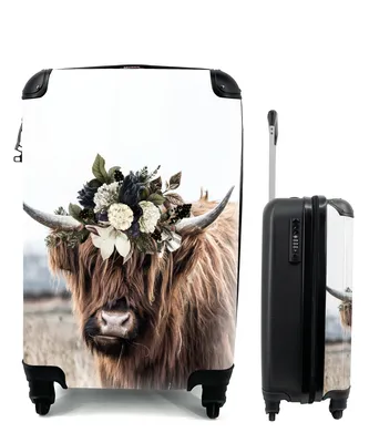 Produktbild von MuchoWow® Koffer Handgepäck Trolley Rollkoffer Kleine Reisekoffer mit 4 Rollen - Schottische Highlander - Blumen - Hoorn - Cabin Size < 55x40x23 cm & 55x40x20 cm - Fotokoffer - Kabinenkoffer - Boardgepäck - Reise-Box - Reisekoffer - Reisegepäck - Koffer mit Bild - Trolley für Kinder