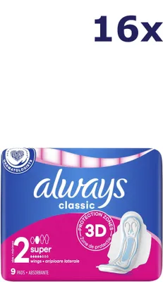 Produktbild von 16 x Always Damenbinden Classic 9er-Pack Maxi mit Flügeln, Größe 2