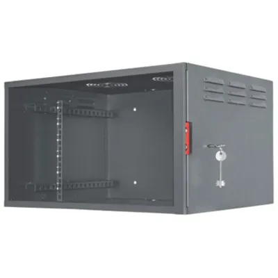 Produktbild von Intellinet 19" Wandverteiler mit Diebstahl- und Vandalismusschutz, 6 HE, vollständig montiert, 325 (H) x 560 (B) x 450 (T) mm, schwarz, Wandmontiertes Regal, 6U, 30 kg, Sperrschloss, 14 kg, Schwarz