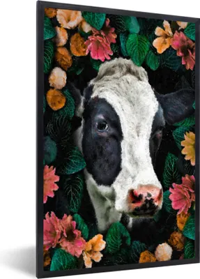Produktbild von MuchoWow® MuchoWow® Gerahmtes Poster Kuh - Blumen - Blätter - Tiere 20x30 cm - Poster mit zchwarzem Bilderrahmen - Drucken - Bilder Poster im Rahmen