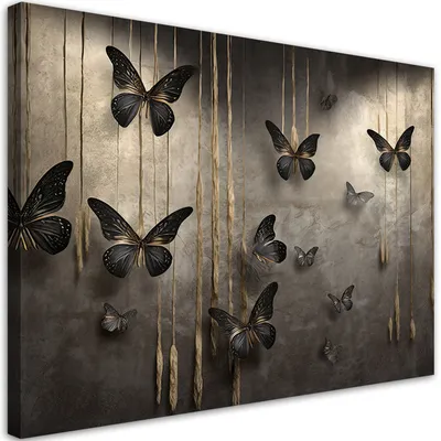 Produktbild von Leinwandbild Schwarze 3D-Schmetterlinge 90x60 Feeby Gold bild für die wand bereit zum aufhängen