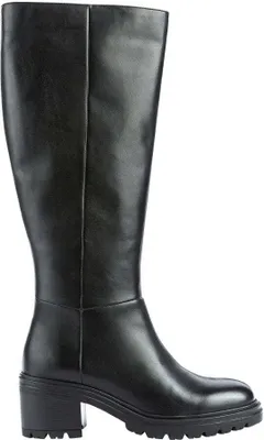 A black leather boot on a white background.