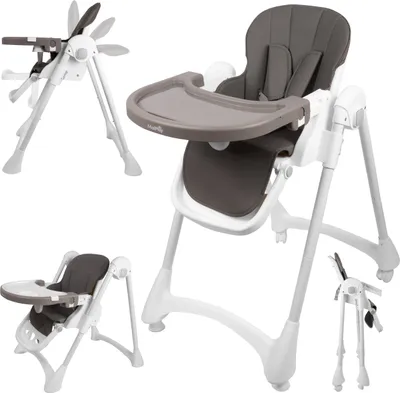 A collage of a Malplay Kinderhochstuhl (baby high chair) in different configurations, including folded and in use.