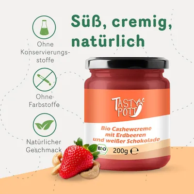 Produktbild von Tasty Pott Cashewcreme mit Erdbeeren und weißer Schokolade 200g Glas
