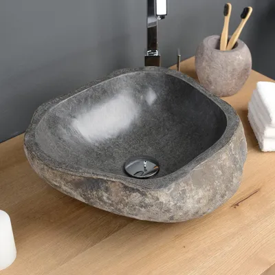 Produktbild von Waschbecken aus Stein – 40 cm – Naturstein – Grau – Aufsatzwaschbecken aus Flussstein