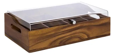 Produktbild von APS 11949 Besteckbehälter VINTAGE, Akazienholz (braun), Deckel aus Acryl, 51 x 28 cm, Höhe 14,5 m, 4 Fächer je 26 x 11,5 cm