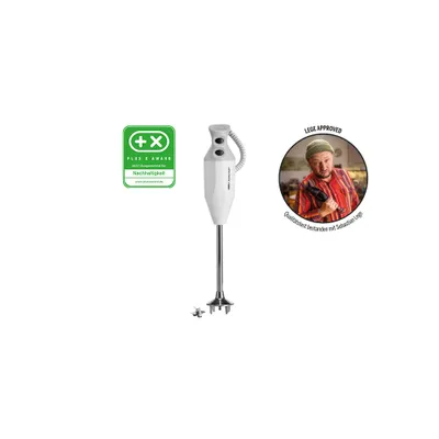 Der Unold ESGE-Zauberstab® P 350 Profi, ein weißer Stabmixer, steht aufrecht neben einem grünen Nach