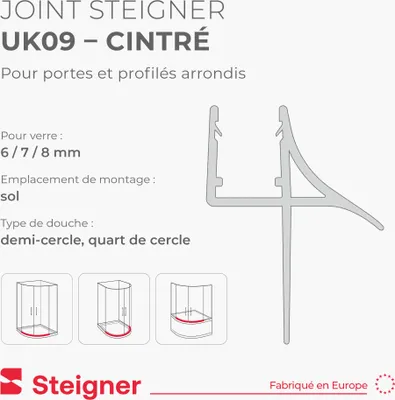 Image de STEIGNER Joint flexible de douche 90cm UK09 (1 pc.) transparent - Joint inférieur flexible pour douche 1/4 de cercle ou arrondie avec porte 6-8 mm - Ajustement parfait, Matériau durable, Imperméable