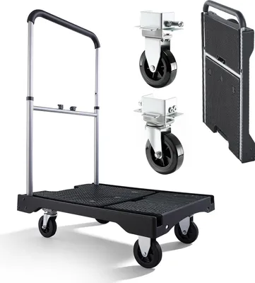 Zdjęcie produktu dla VEVOR Wózek platformowy składany 150 kg, wózek transportowy z kółkiem skrętnym, wózek ręczny z antypoślizgową powierzchnią ładunkową i regulowanym uchwytem, wózek składany jako pomoc transportowa, 680 x 495 x 1150 mm Wózek do magazynu