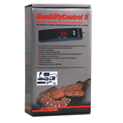 The image shows the packaging of a humidity control device for terrariums, featuring a snake and product details.