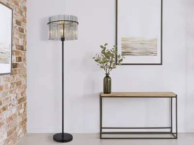 Produktbild von Ausgefallene LED Stehlampe Wohnzimmer Ecke hinter Sofa, Lampenschirm Rauchglas