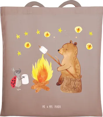 Produktbild von Mr. & Mrs. Panda Beutel Bär & Marienkäfer Lagerfeuer - Braun Pastell - Geschenk, Tasche, Jutebeutel, Teddy, Tragetasche, canvas, Shopping, Tote Bag