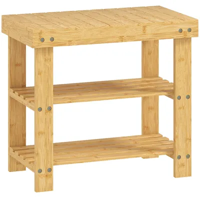 Produktbild von Schuhbank aus Bambus, Schuhregal mit 2 Ablagen, Sitzfläche, für Flur, Eingangsbereich, 50x28x45cm, Natur