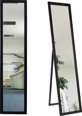 Two full-length mirrors are shown against a white background. The mirror on the left is framed in black and shows a reflection of a room with furniture and plants. The mirror on the right is framed in dark brown and is propped up by a stand, also reflectin