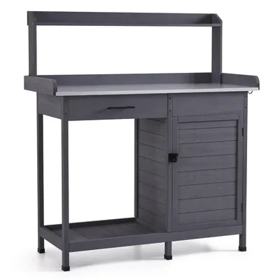 Produktbild von M MCombo Pflanztisch mit Schublade, Ablage, Verzinkter Arbeitsplatte & Schrank, Gärtnertisch Wetterfest mit 3 Haken, Blumentisch Massivholz 0440EY