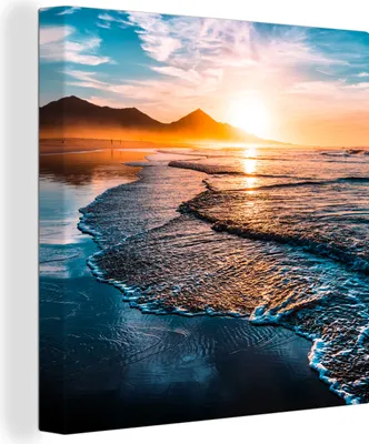 Produktbild von OneMillionCanvasses® - Leinwandbilder - Bild auf Leinwand Wandbild Leinwandbild Sonnenuntergang - Meer - Berg - Horizont - Landschaft - Blau, 20x20 cm, Kunstdruck Wandkunst Gemälde auf