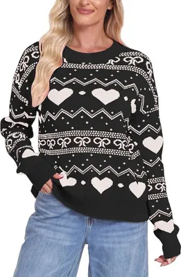 Produktbild von ASKSA Pullover Damen Casual Herz Drucken Strickpullover Rundhals Langarm Winterpullover Warme Jumper Festliche Sweater (Schwarz,M)