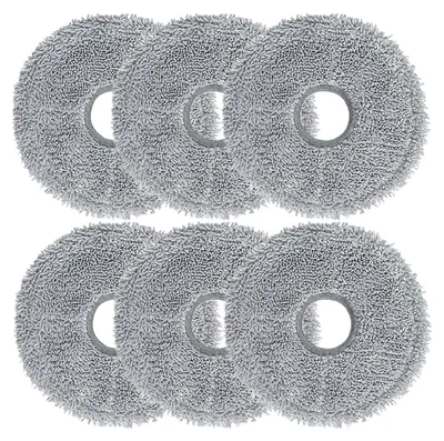A set of six round, gray microfiber mop pads arranged in two rows of three.