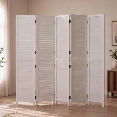 Image de Paravent HWC-C30b, séparateur de pièce, cloison de protection, style vintage en bois de paulownia, 180x200 cm, finition blanche "shabby chic"