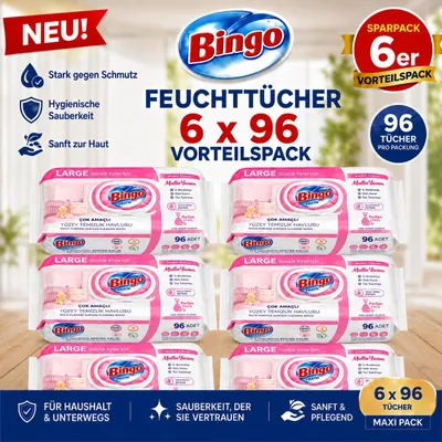 Produktbild von Bingo Feuchttücher Pink 6x96 Blatt – Blumenduft – Vorteilspack