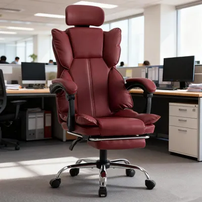 Image de Siège de bureau ergonomique avec repose-pieds et support lombaire, en similicuir beige et blanc