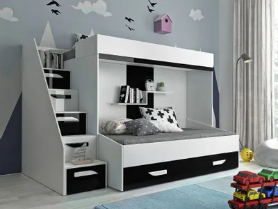 Produktbild von Etagenbett für Kinder mit Stauraum Derry – Weiß/Schwarz