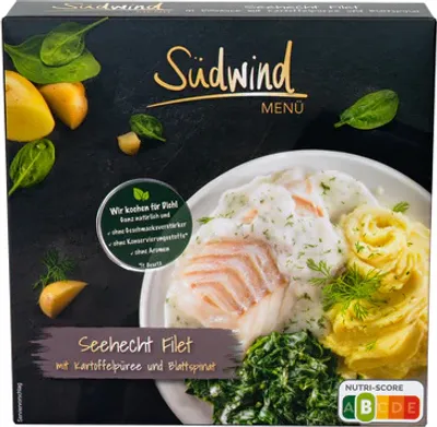 Produktbild von Seehecht Filet mit Kartoffelpüree und Blattspinat 400g, Fertigessen, 3 Kammern Gericht