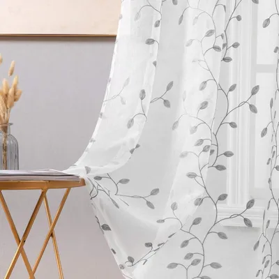 Productafbeelding van Set van 2 Ooggordijnen met Bladpatroon | Decoratieve Voile Gordijnen voor Woonkamer en Slaapkamer | 140 x 225 cm